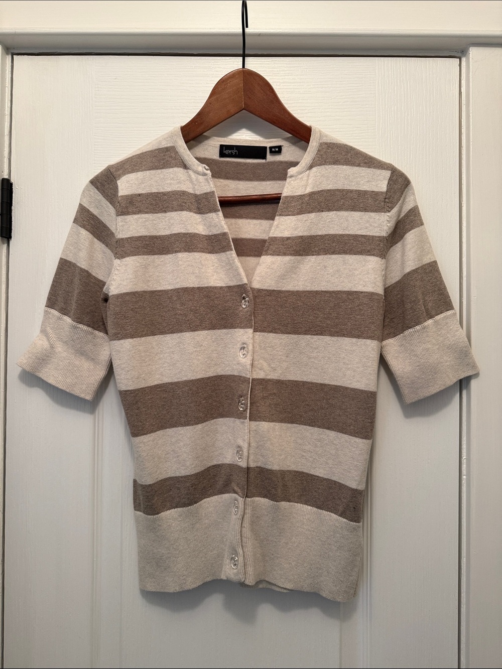 Kersh Cream and Light Taupe Striped Short-Sleeve Cardigan